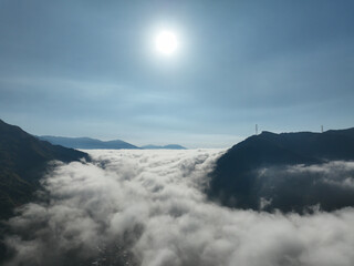 愛媛県大洲市　上空から見た肱川あらし