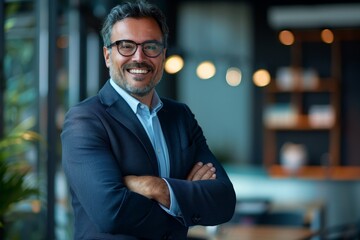 Fototapeta premium An office worker with crossed arms working inside of a modern office building is photographing a successful mature boss wearing glasses and a business suit.