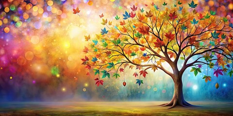 Colorful tree with hanging branches filled with multicolor leaves on abstract background , floral, tree, colorful