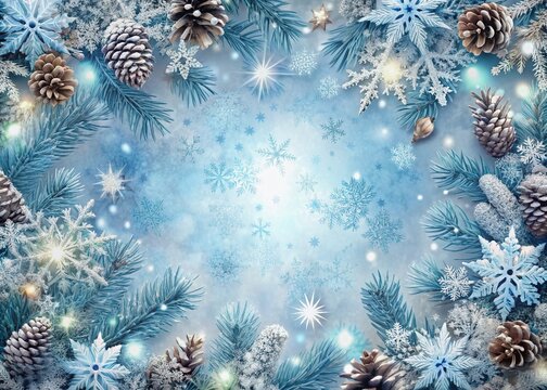 Frosted winter border with intricate snowflakes in shimmering blue and white hues, adorned with delicate pinecones and twinkling stars on a serene background.