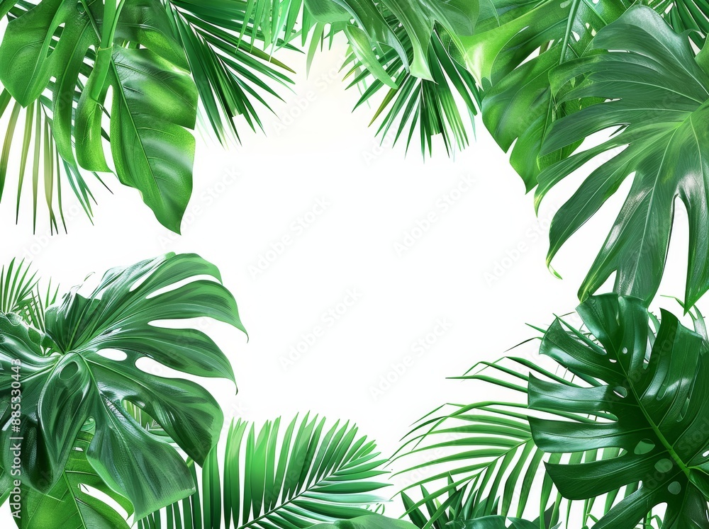 Poster green tropical leaves isolated on white background with clipping path. template design. frame with t