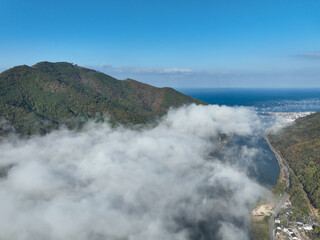 愛媛県大洲市　上空から見た肱川あらし