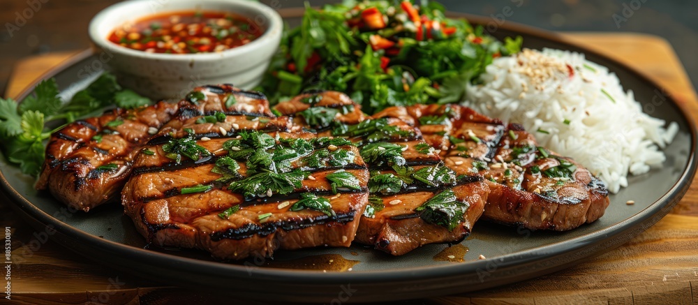 Poster Grilled Steak with Rice and Salad