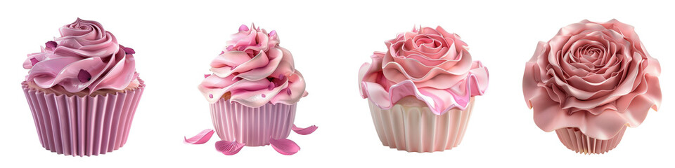 Elegant pink cupcakes with intricate rose frosting, perfect for special occasions such as weddings, birthdays, and anniversaries.