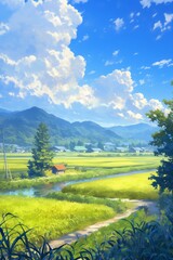 Obraz premium A vibrant anime landscape illustration featuring a lush green field under a blue sky dotted with fluffy clouds, children's storybook cover