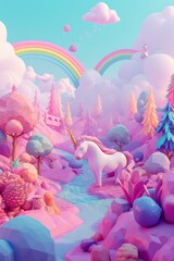 A dreamy land filled with 3D unicorns and rainbows  AI generated illustration