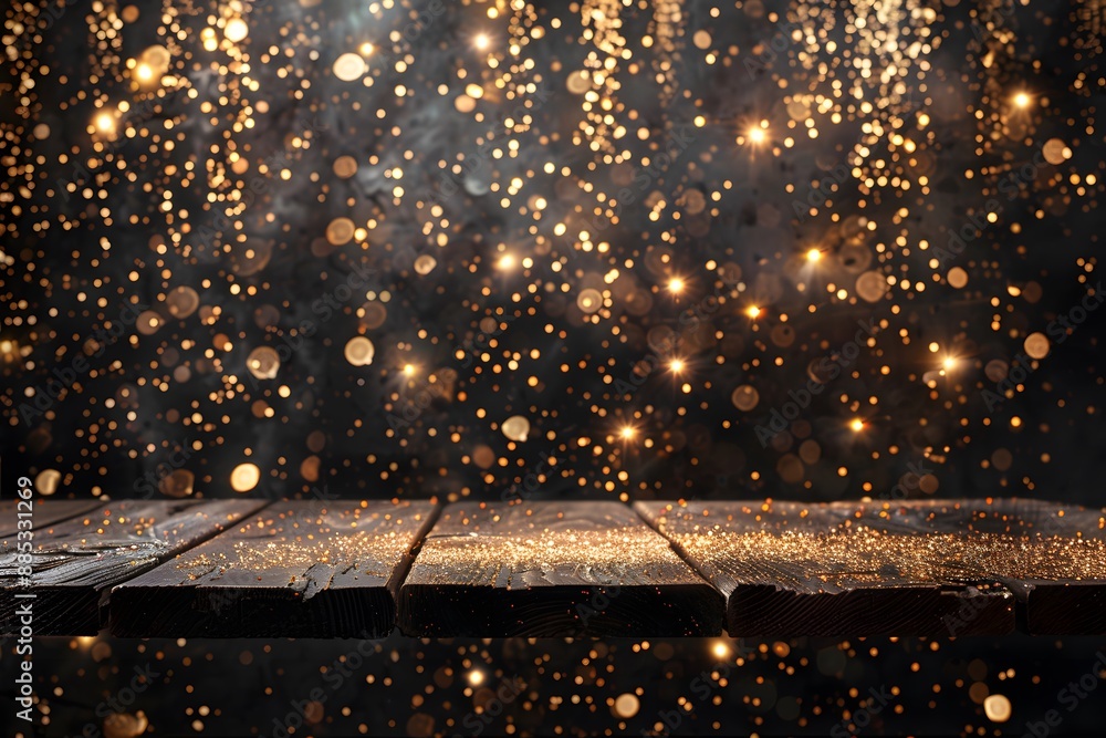 Poster rustic wooden table with sparkling golden bokeh lights in the background