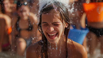Obraz premium Close-up of joyful young woman playing at Chiena Water Festival.