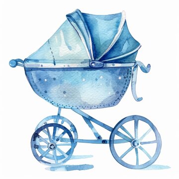 recommend clip art: Stylish watercolor illustration of a baby boy stroller. Hand drawn clipart element isolated on white background.