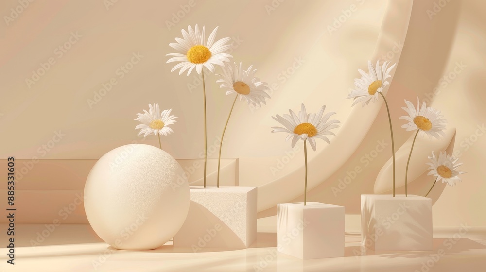 Poster template for 3d rendering of an empty white and cream podium in landscape with flowers