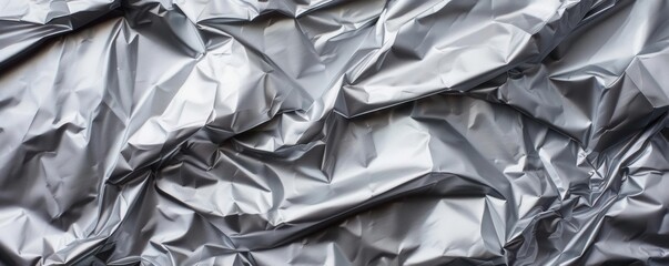 A close-up of crumpled silver metallic foil creating an abstract texture and pattern, perfect for backgrounds or design projects.
