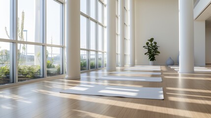 Fototapeta premium A serene and spacious yoga studio featuring several white mats, bathed in natural light streaming through large windows and adorned with minimalistic decor.