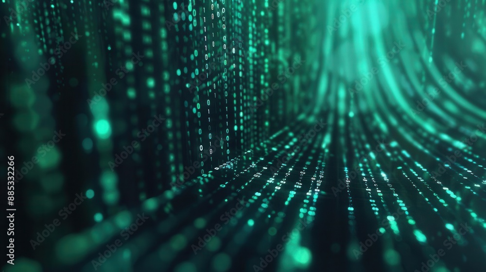 Poster abstract digital landscape, with futuristic green data streams and flowing, glowing lines representi