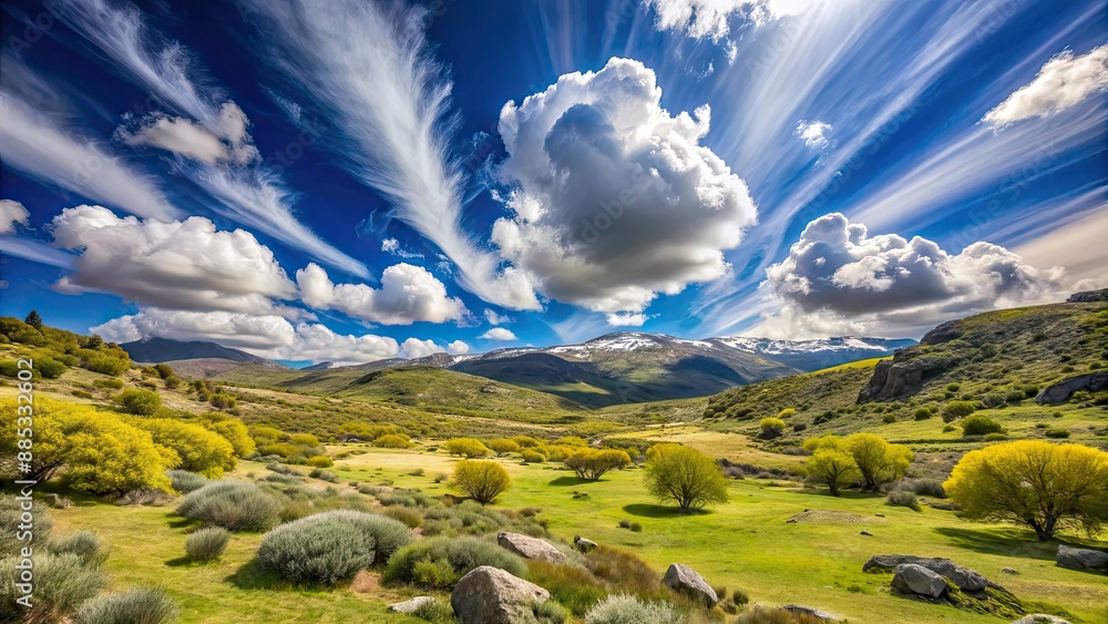 Wall mural Wide angle view of a spring landscape in Gredos, Spain with fluffy clouds in the sky , Gredos, Spain, spring, landscape