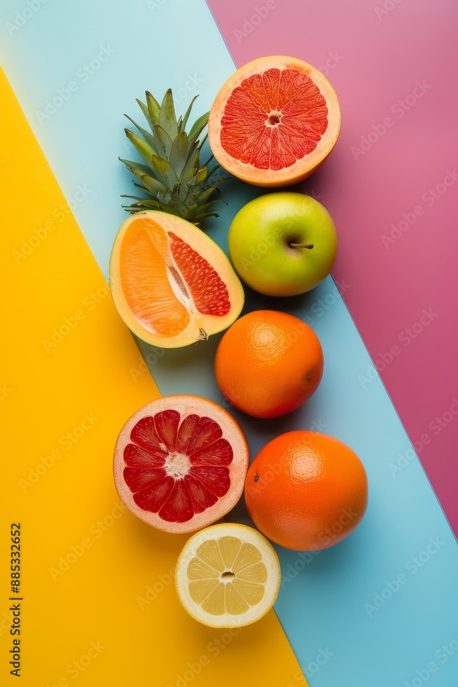Poster a flat lay of fruit laid out on a brightly colored background in a minimalistic style ai generated i