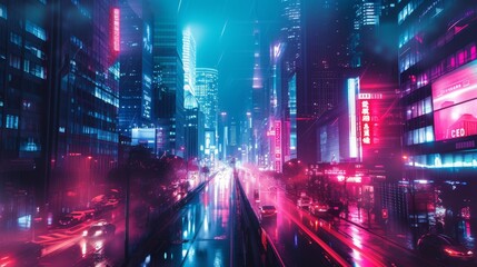 Fototapeta premium A futuristic metropolis bathed in neon lights AI generated illustration