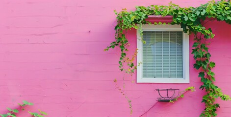 The pink walls of a Caribbean house have window space and flowering plants and a colonial roof.