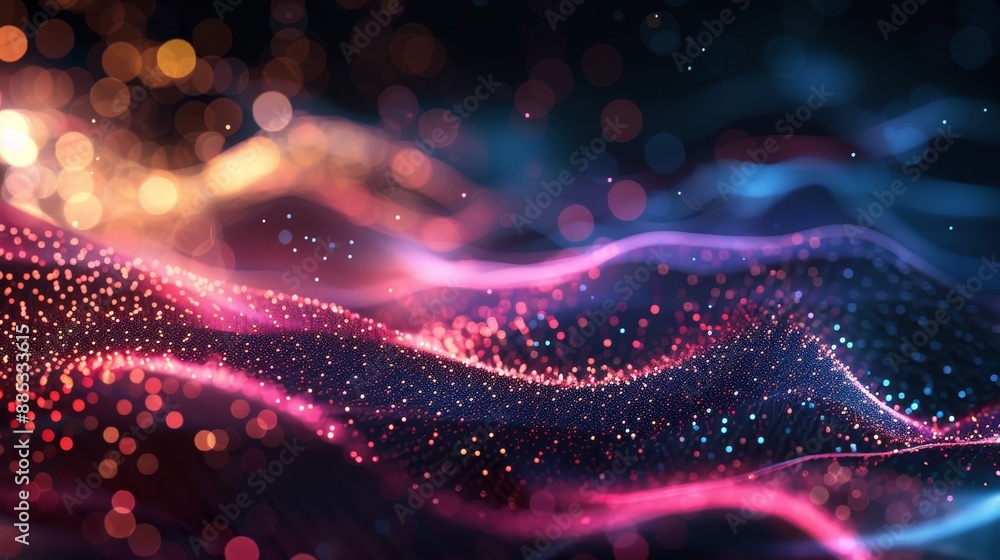Poster soft bokeh, abstract background. 3d rendering of soft particles flowing. elegant waves of colorful d