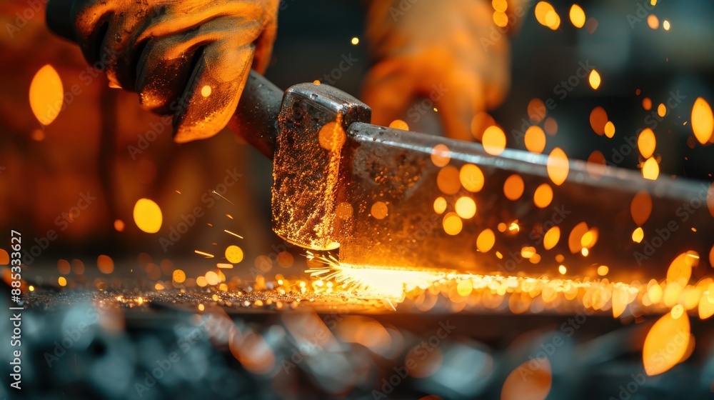 Poster A blacksmith is seen in action, forging a piece of metal on an anvil with a hammer, producing vivid sparks that illuminate the scene in an artistic display of craftsmanship.