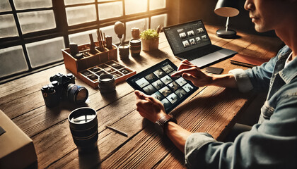 Photographer Reviewing Portfolio on Tablet in Evenly Lit Workspace