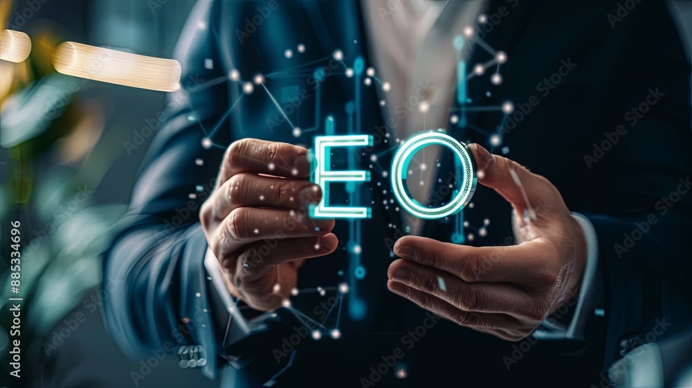 Poster businessman hold virtual seo icon to analyze seo search engine optimization for promoting ranking tr