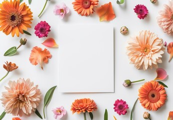 This white empty frame has a gorgeous arrangement of beautiful flowers on a white background. Illustration stock.