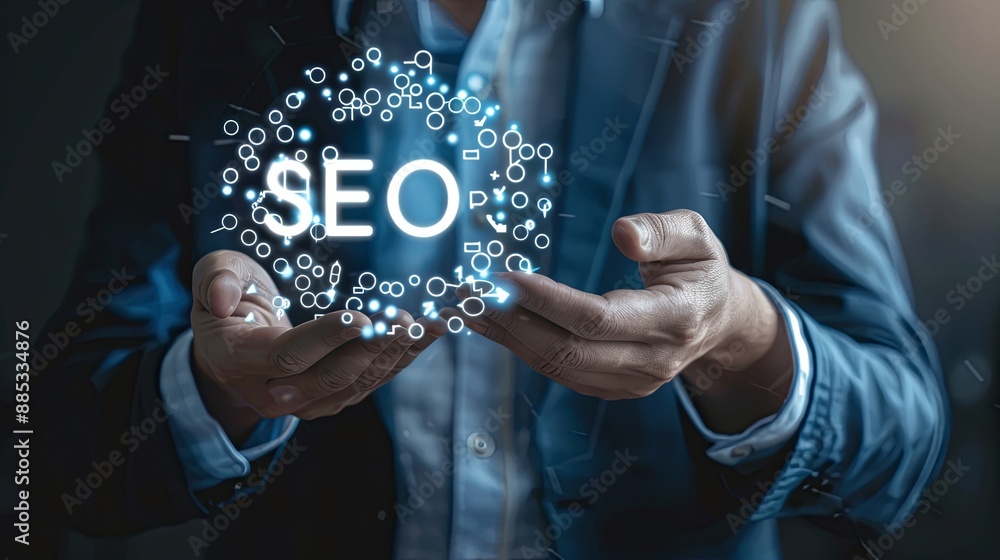 Poster businessman hold virtual seo icon to analyze seo search engine optimization for promoting ranking tr