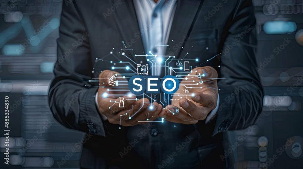 Poster businessman hold virtual seo icon to analyze seo search engine optimization for promoting ranking tr