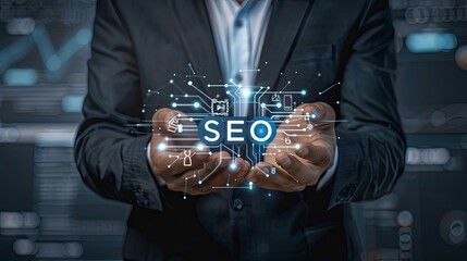 Businessman hold virtual SEO icon to analyze SEO search engine optimization for promoting ranking traffic on website and optimizing your website to rank in search engines 