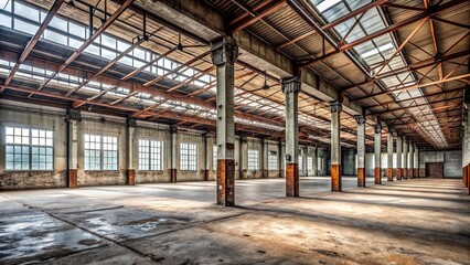 Abandoned warehouse with empty rooms and a quiet ambiance, spacious, interior, environment, silent, atmosphere