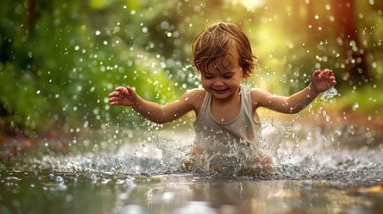A stunning and clear photo of a child playing in the rain, splashing in puddles with pure joy