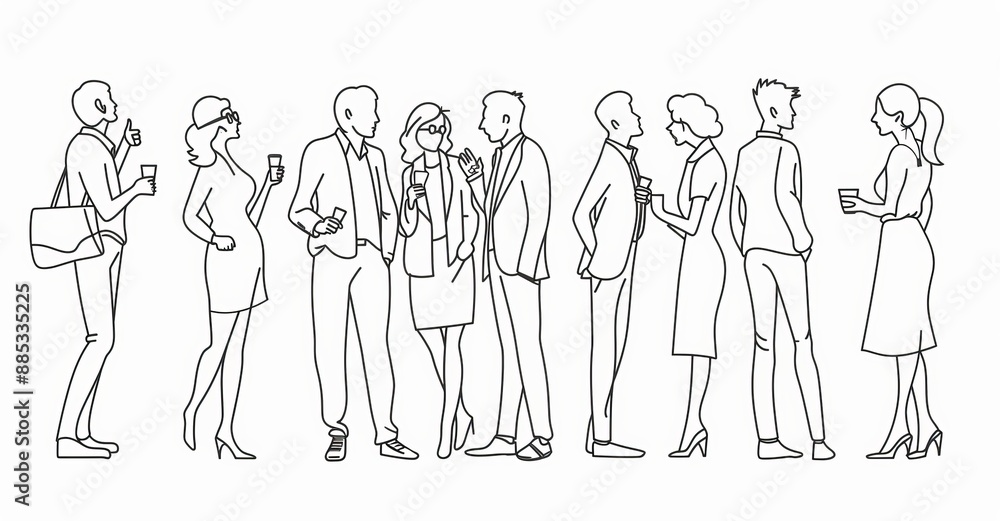 Poster a continuous line drawing of an office party wearing a mask - png image with a transparent backgroun