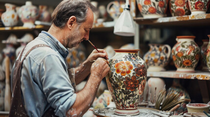 An artisan meticulously painting intricate floral designs on a ceramic vase in a pottery studio