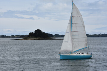 Un bateau &agrave; voile bleu dans le golf du Morbihan 