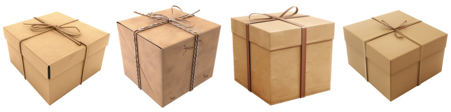 Four brown cardboard boxes tied with strings, isolated on white background, ideal for packaging and shipping concepts.