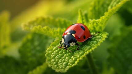 Obraz premium A ladybird lounging on a thicket of garden foliage in a macro perspective AI generated illustration