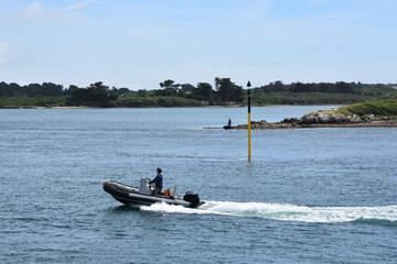 Un homme sur un zodiacal, Golf du Morbihan, été. France