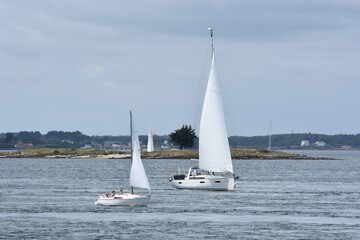 Deux bateaux &agrave; voile, se croisant, dans le golf du Morbihan, Bretagne