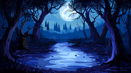 Fototapeta premium illustration art horror river in forest on night
