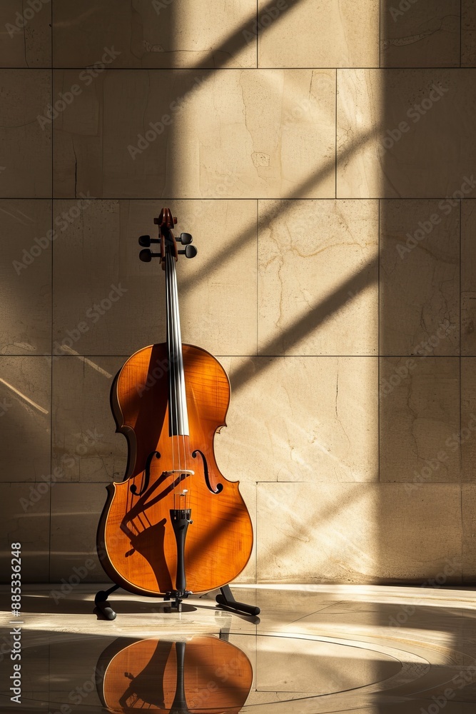 Poster a lone cello playing emotively in a simplistic setting ai generated illustration