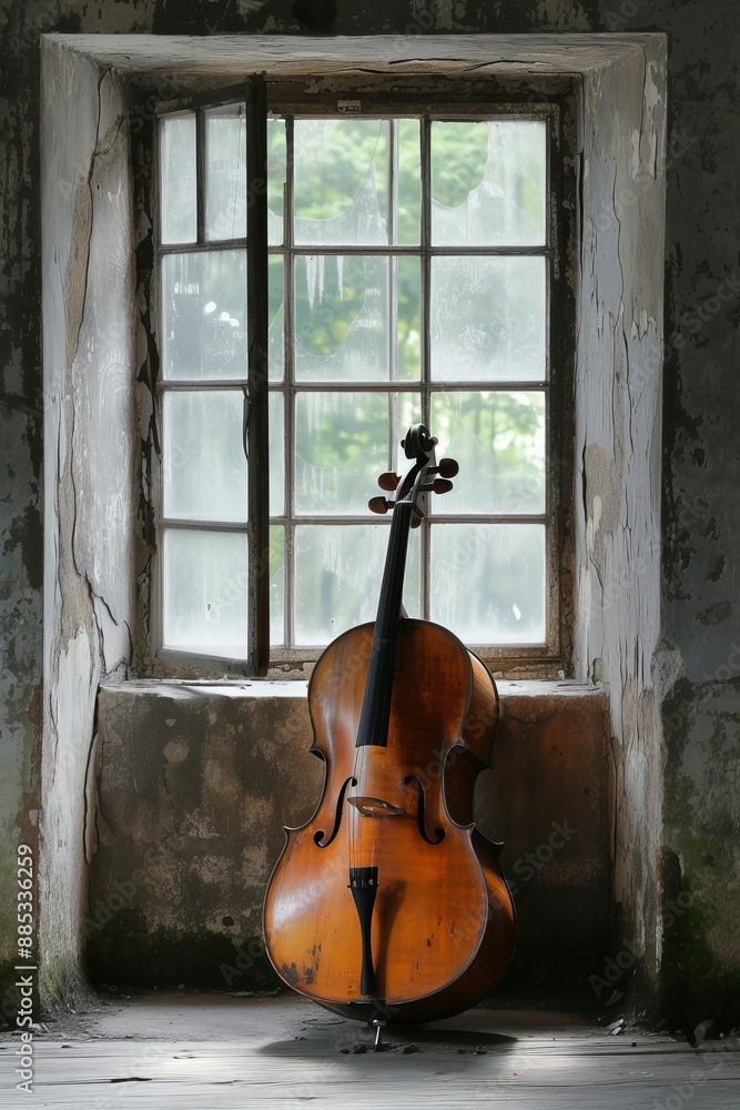 Poster a lone cello playing emotively in a simplistic setting ai generated illustration