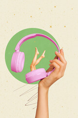 Sketch image composite trend artwork photo collage of headphones listen music playlist wear on head hand hold legs woman sexy appear