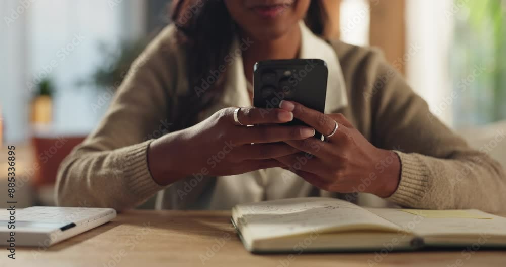 Poster remote work from home, hands and woman with smartphone, typing and check schedule. closeup, copywrit
