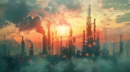 Industrial Skyline at Sunset with Heavy Pollution