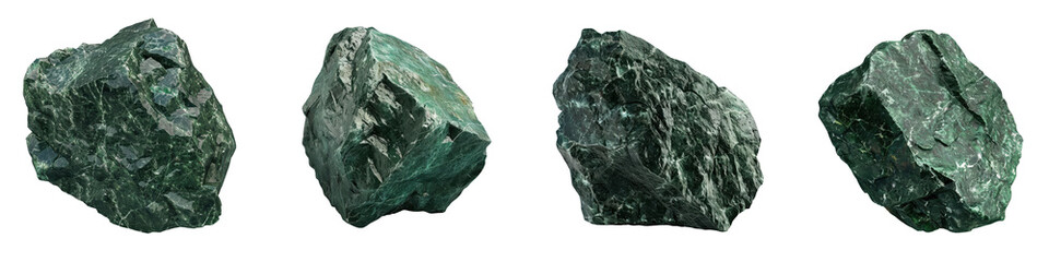 Obraz premium Four green tourmaline crystals in varied shapes and sizes on a white background, highlighting natural rough beauty and texture.