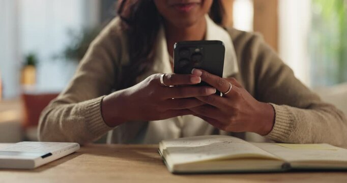 Remote work from home, hands and woman with smartphone, typing and check schedule. Closeup, copywriting and freelancer with cellphone, contact and message with research for app design and startup