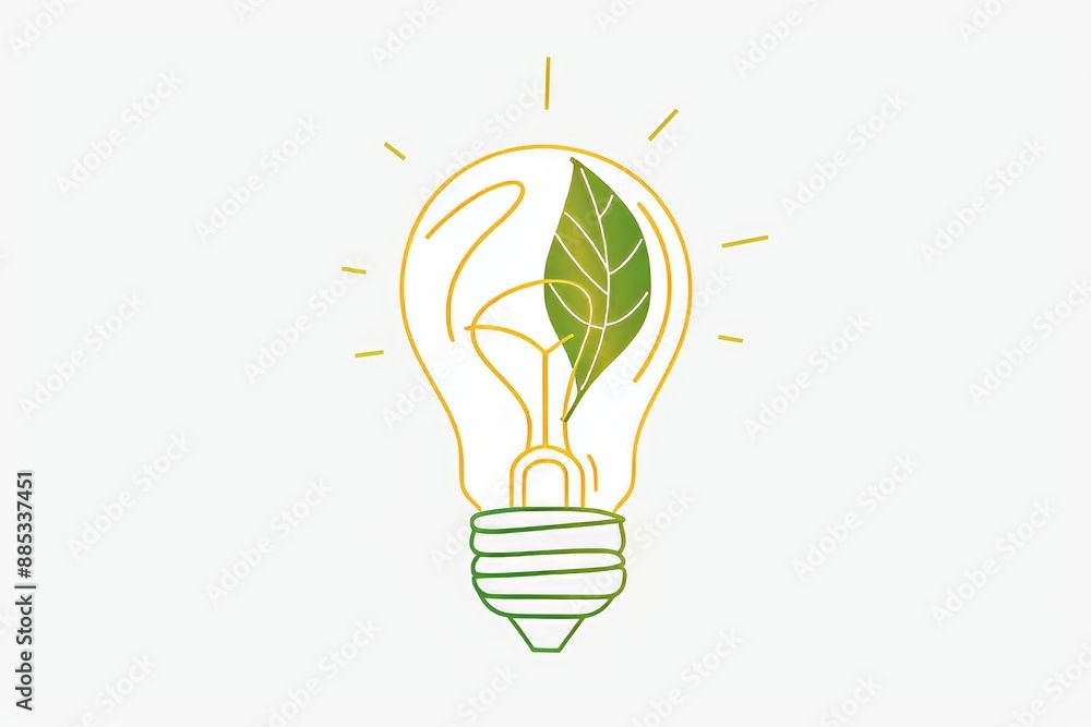 Poster a continuous line drawing of a light bulb with a leaf on a transparent background.