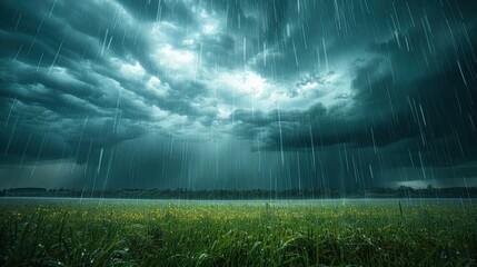 A dramatic and clear photo of a stormy sky with dark clouds and heavy rain pouring down over a landscape