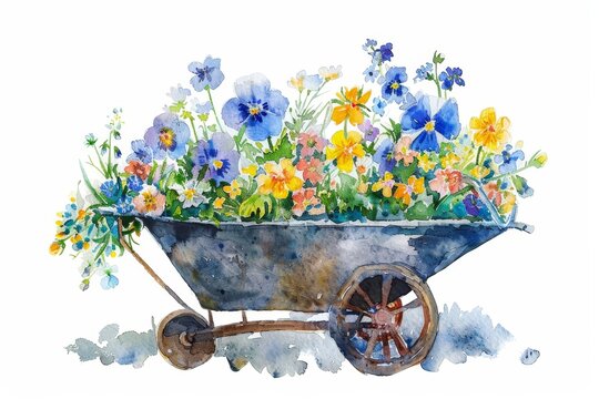 watercolor flowers in wheelbarrow, colorful garden scene clip art preview