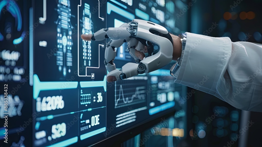Poster businessman touch automated data management system to create reports with kpis and indicators connec